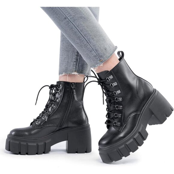 Women’s Combat Black Lace up Side Zipper High Heel Chunky Ankle Lug Sole Booties - Picture 6 of 6